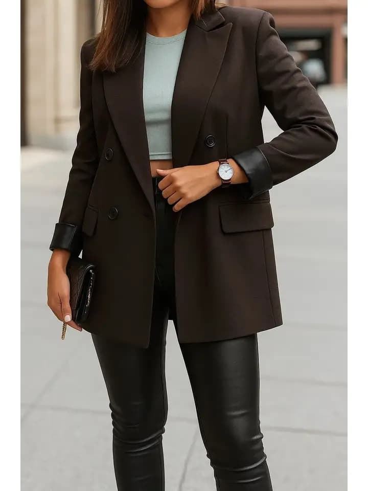 Blazer marrón chocolate puños polipiel - Imagen 1