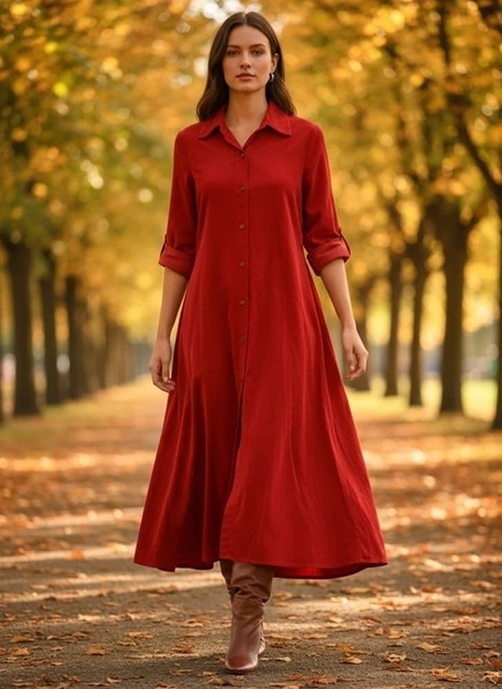 Vestido largo fluido camisero pana. talla única - Imagen 1