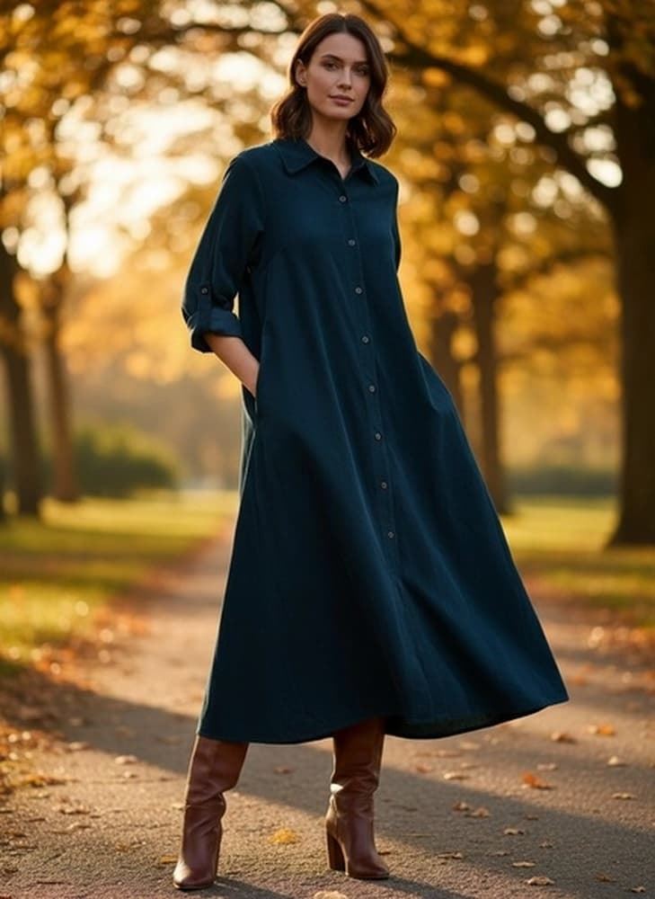 Vestido largo fluido camisero pana. talla única - Imagen 2